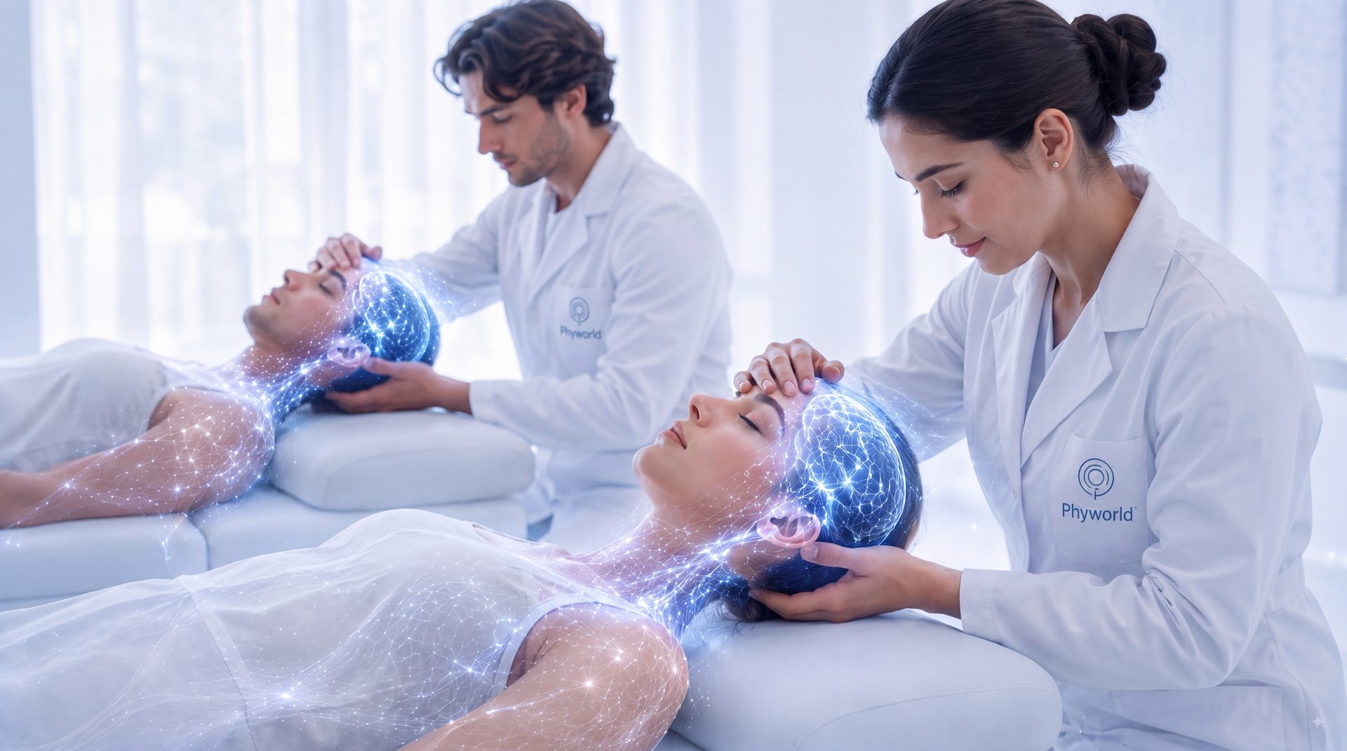 Practitioners performing craniosacral therapy in a workshop